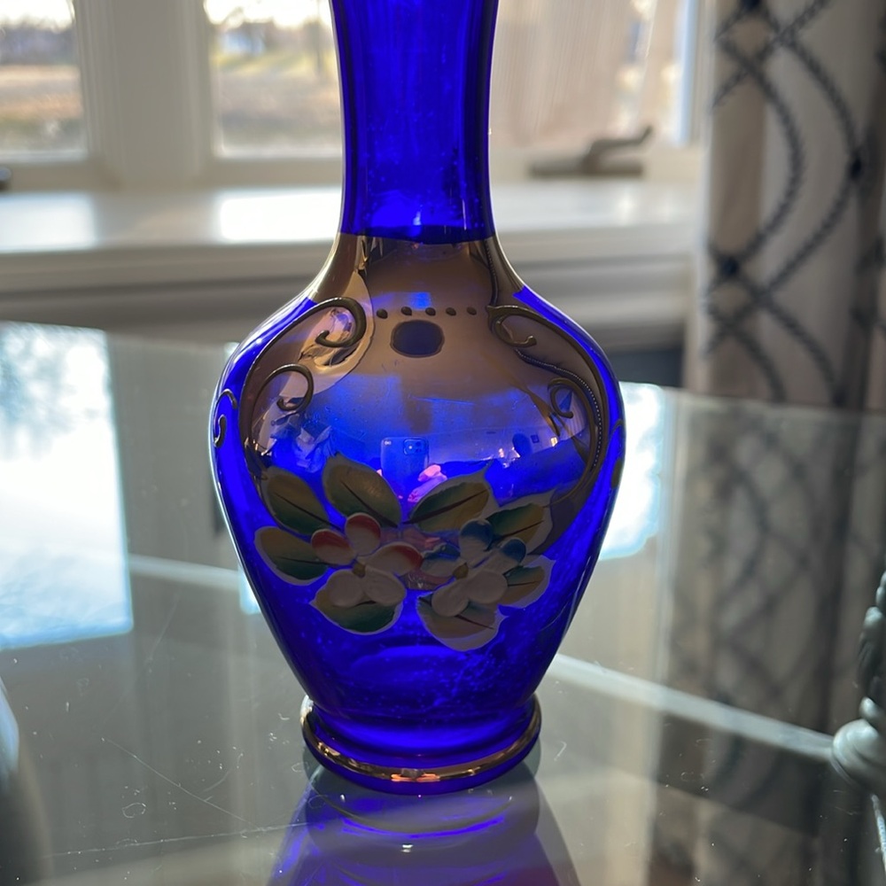 Vintage Czech Cobalt Blue Bud Vase with Raised Hand-Painted Gold and Flowers